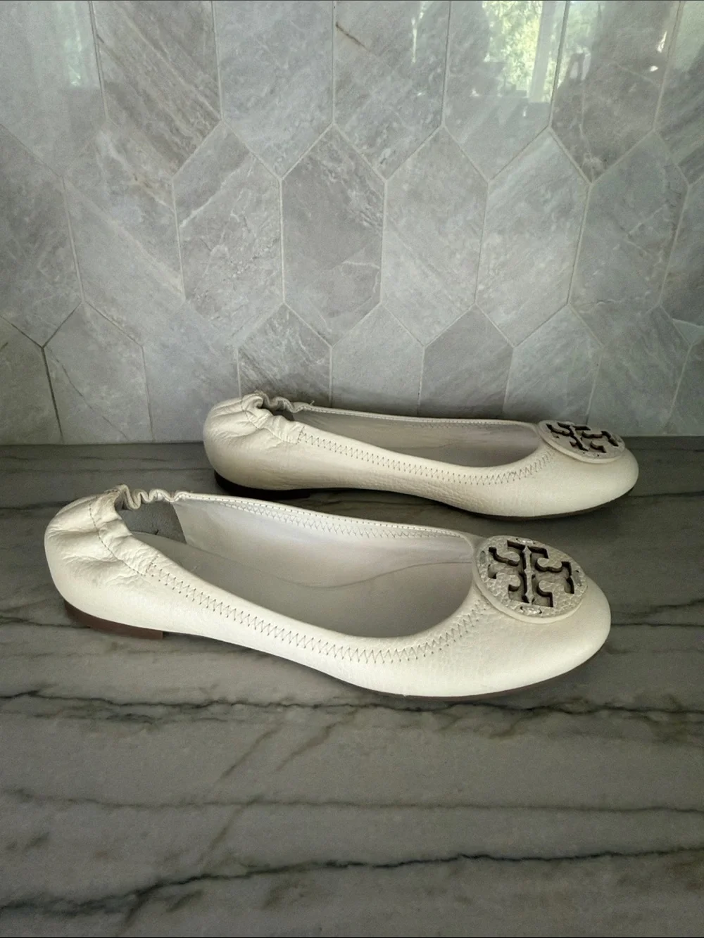 Tory Burch Ivory Leather Logo Ballet Flats